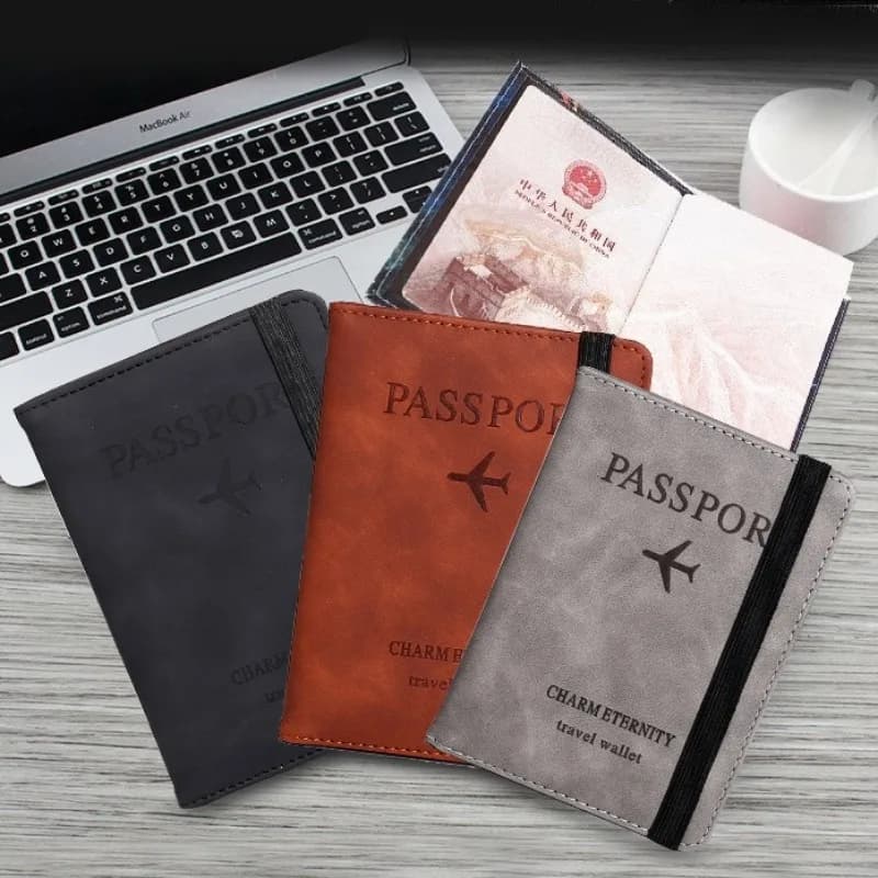 Porta passaporto in pelle PU da 1 pezzo con cinturino per cravatta Portafoglio da viaggio con blocco RFID Custodia protettiva per passaporto con slot per carta di credito ID