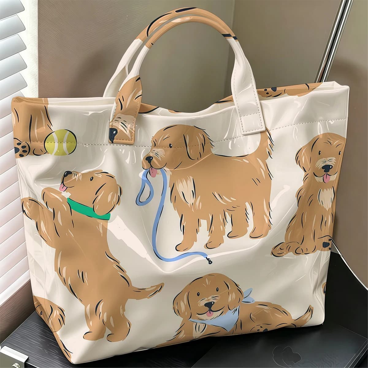Golden Retriever Pups Hot Sale Large Glossy PVC Tote Bag Hand Washable Waterproof for Travel Commute Makeup Storage Handbags