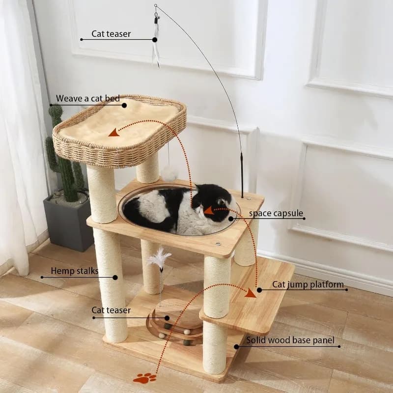 Torre per albero per gatti in legno massello da 34 pollici con capsula spaziale, nido di cestino intrecciato a mano, giocattolo di piume, palline sospese
