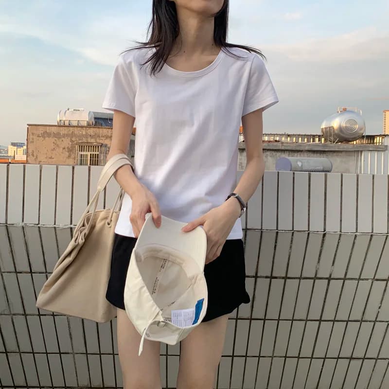 White Cotton Slim Fit T-Shirt Women's U-Neck Short Sleeve Low Collar Tight Body Pure Color Commute Style Korean Version