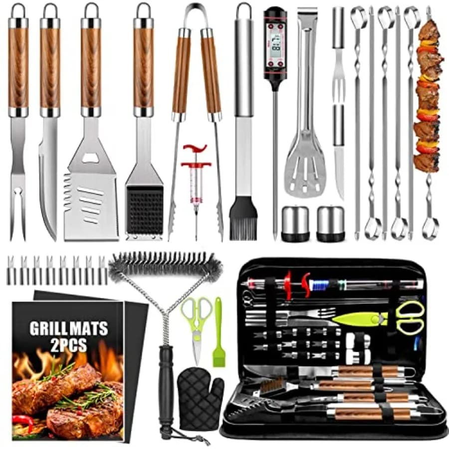Set di 34 Accessori per Barbecue, Regalo per Uomini, Utensili BBQ in Acciaio Inox da 16 Pollici con Termometro