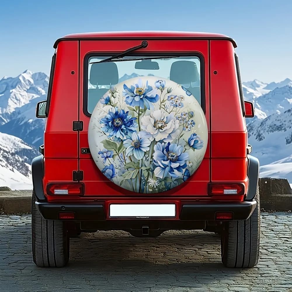 Blue Watercolor Floral Spare Tire Cover Waterproof Sun Protection SUV Accessory