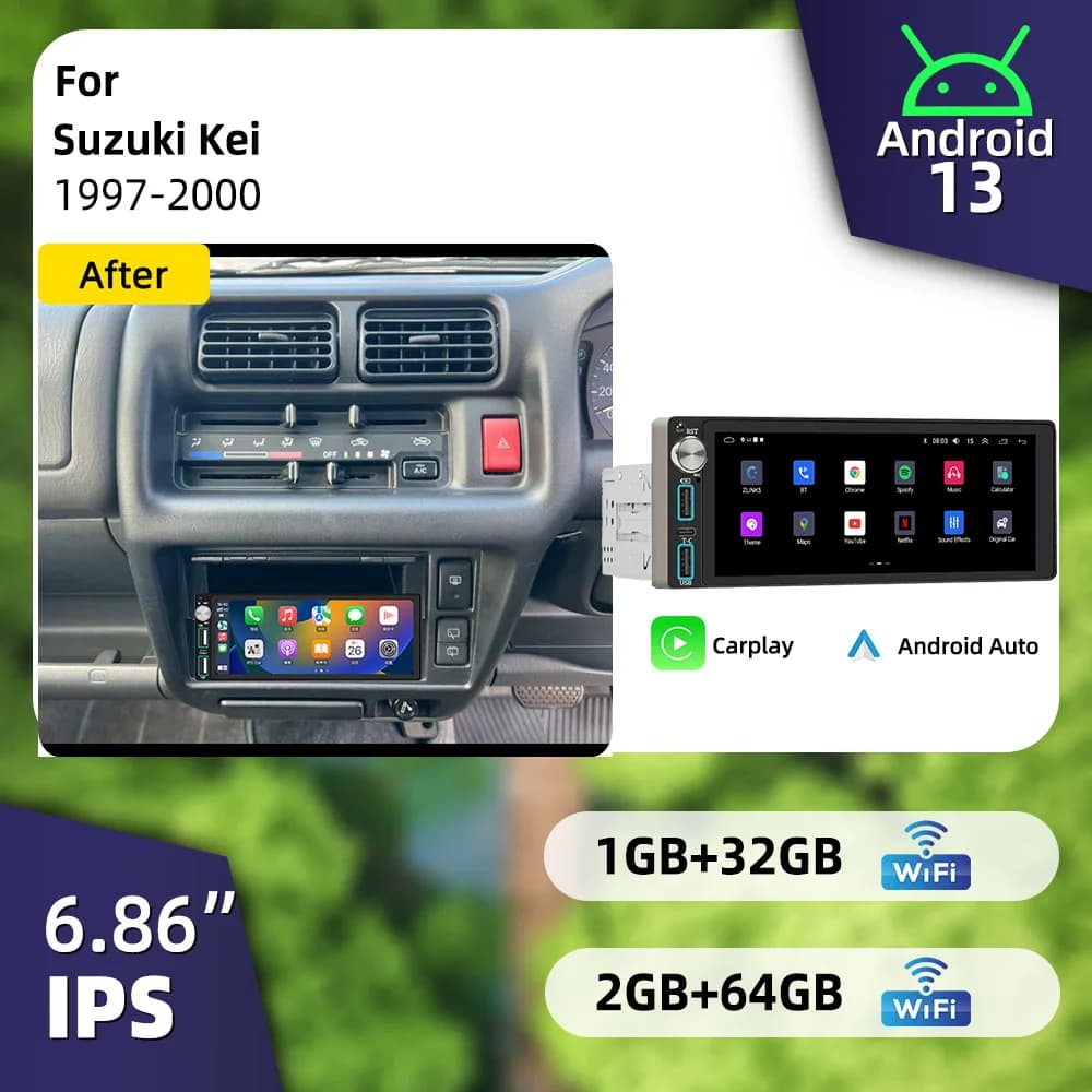 Wireless CarPlay Android Car Stereo 6.86" 1 Din Head Unit for Suzuki Kei 1997-2000 Radio Autoradio GPS Navigation Multimedia