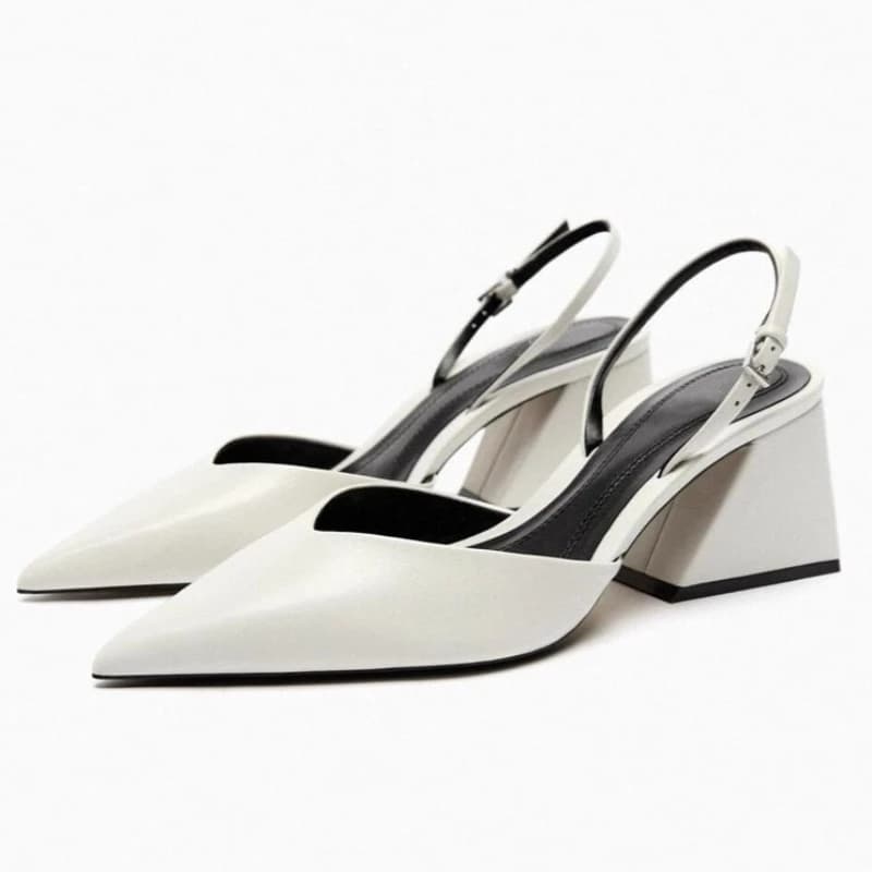 Décolleté with fashionable back strap with pointed tip Sandals with thick heel in soft white women's leather Office shoes for tanned commuters Zapatos De Mujer