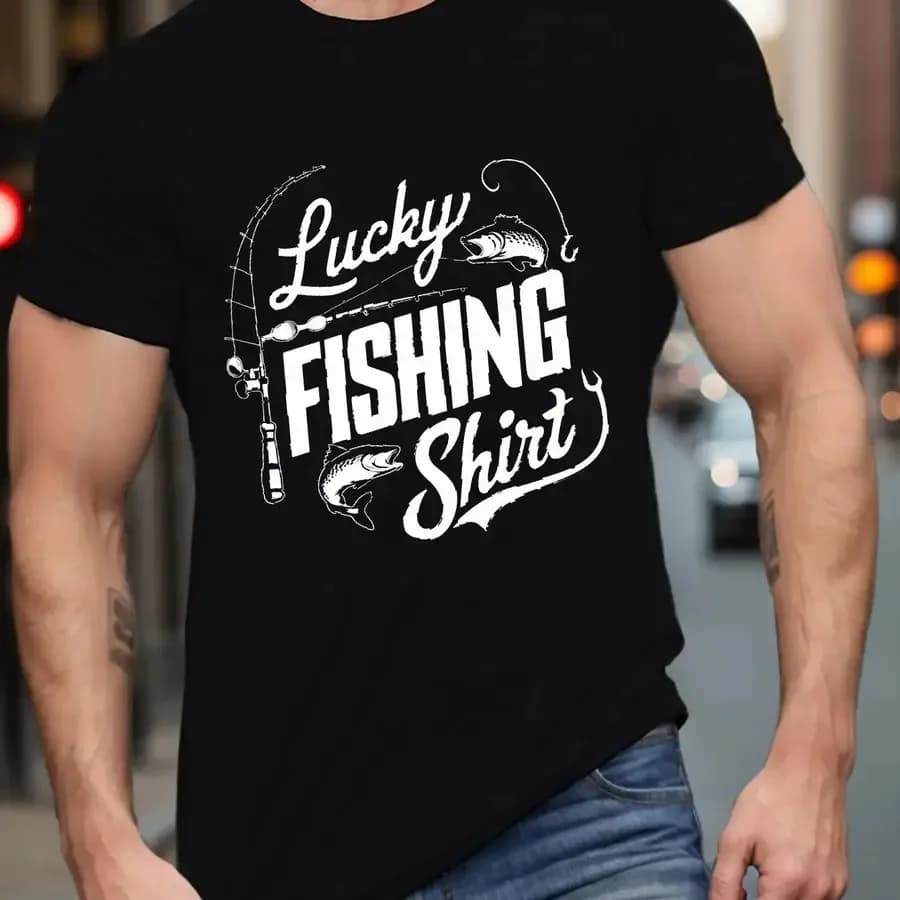 【Nuovo arrivo】T-shirt divertente da uomo "Lucky Fishing Shirt" con grafica a tema pesca, maglietta casual a maniche corte nera