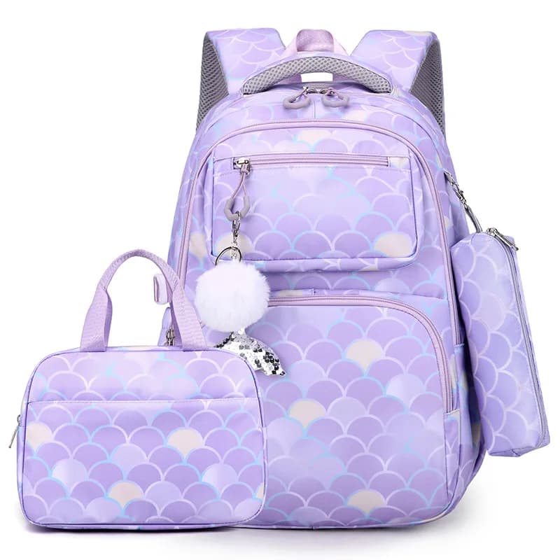 Zaino per bambini con stampa a squame di pesce da 3 pezzi / set con ciondolo a sirena Borse da scuola impermeabili per ragazze Zaino per bambini per ragazze adolescenti sac