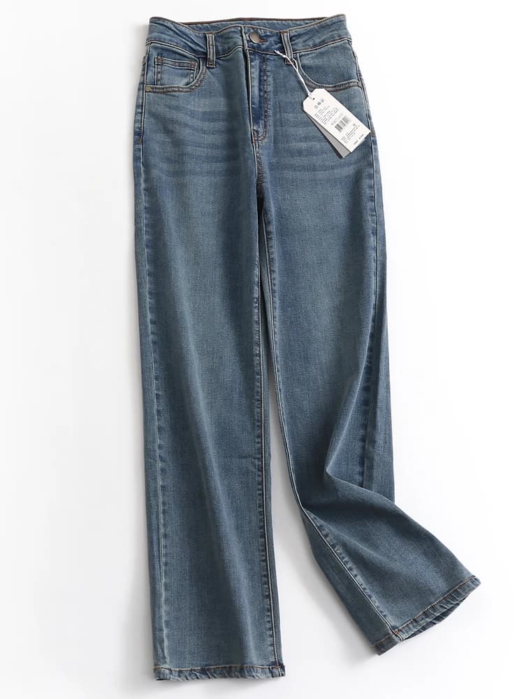 Jeans a Vita Alta e Gamba Dritta per Donna, Pantaloni Lunghi Blu Scuro, Jeans in Denim a Vita Alta e Gamba Larga con Tasche, Pantaloni Casual Versatili