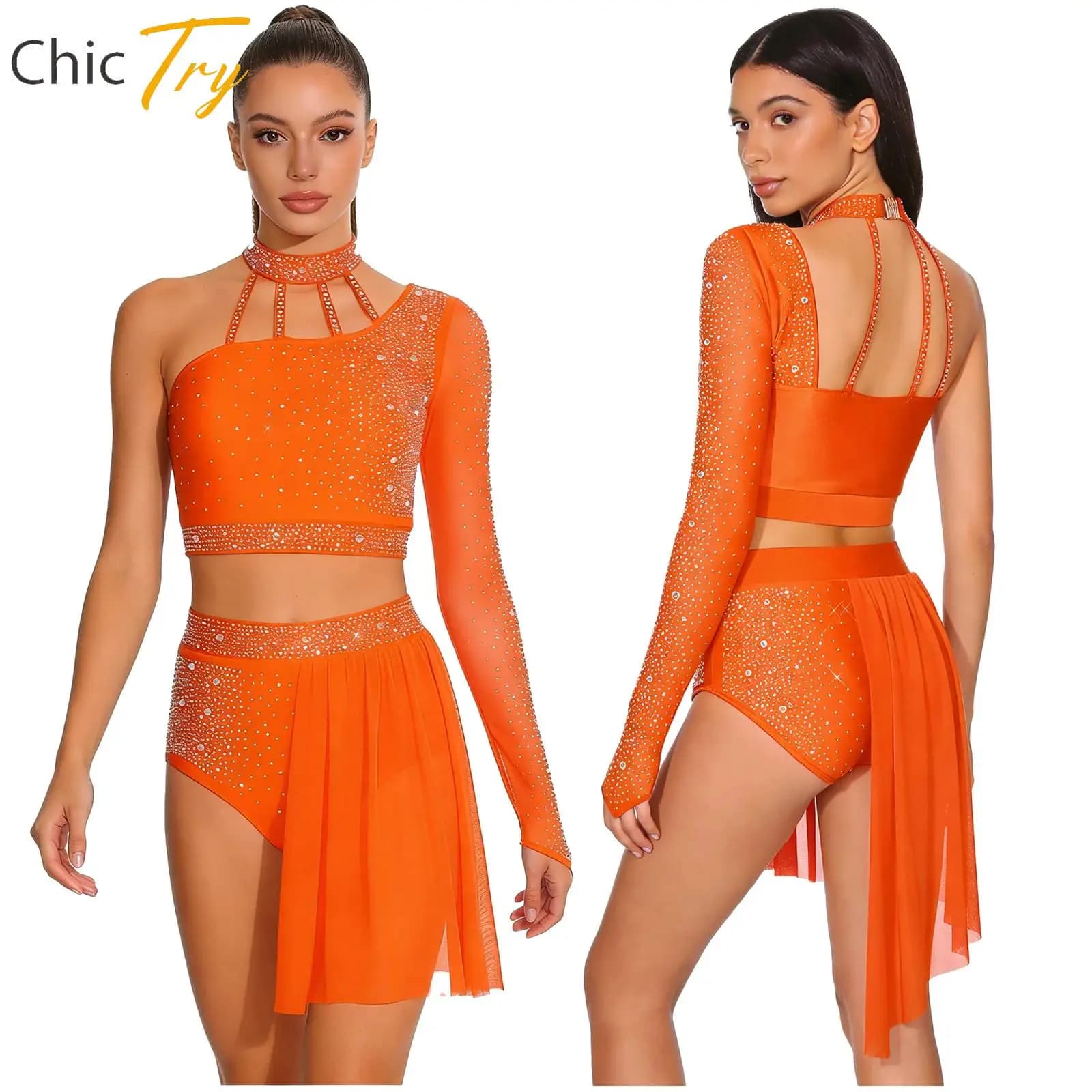 Completo da ballo per adulti da donna: set da danza latina, ginnastica ritmica, pattinaggio artistico - Top corto monospalla con strass e pantaloncini