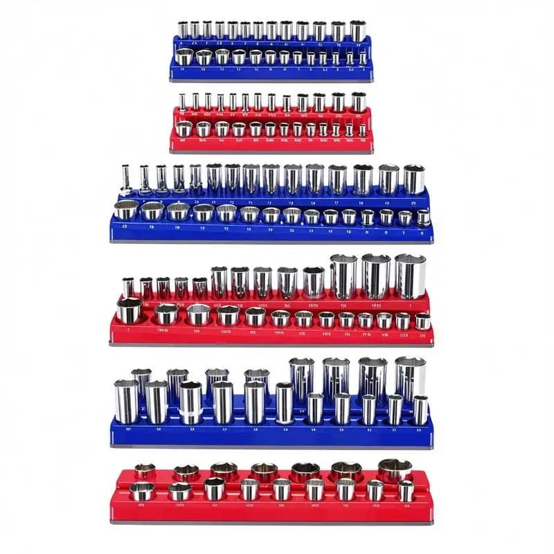Magnetic Socket Organizer Set, 6PCS Socket Holder, 1/4'', 3/8'' & 1/2'' Metric SAE Socket Trays with Clear Labels, Hold up to 143PCS Standard & Deep Sockets, Blue & Red (Sockets Not Included)