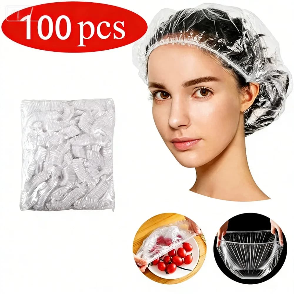 100 Cuffie Doccia Monouso Premium in PE Trasparente, Elastici Cappucci per Capelli per Salone, Hotel, Viaggi