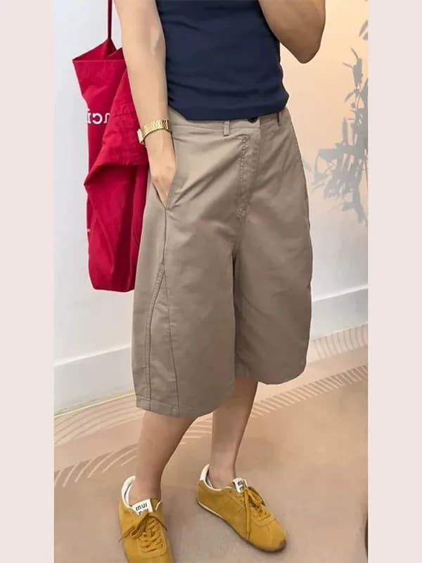 Khaki Wide Leg Short Pants Women's Summer Thin Large Size Casual Loose Fit Sports Five-Quarter Length Cotton High Waist