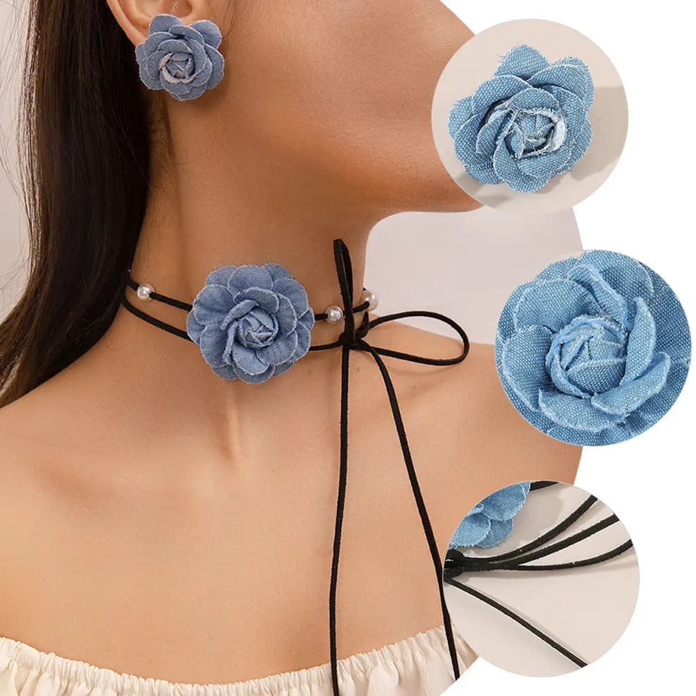 Set di collana e orecchini con fiori per donna, girocollo con perle, regolabile, elegante, stile francese, idea regalo.
