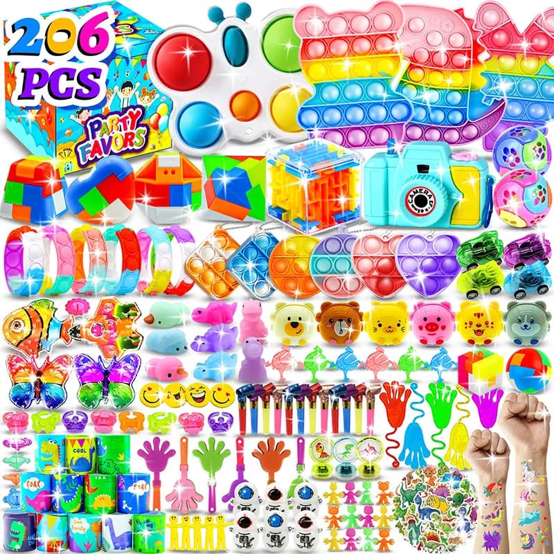 206Pcs Fidget Toys Pack Pop It Bubble Stress Relief Keychain Sensory Toys Kids Adults Party Birthday Autism Anxiety Gift Box