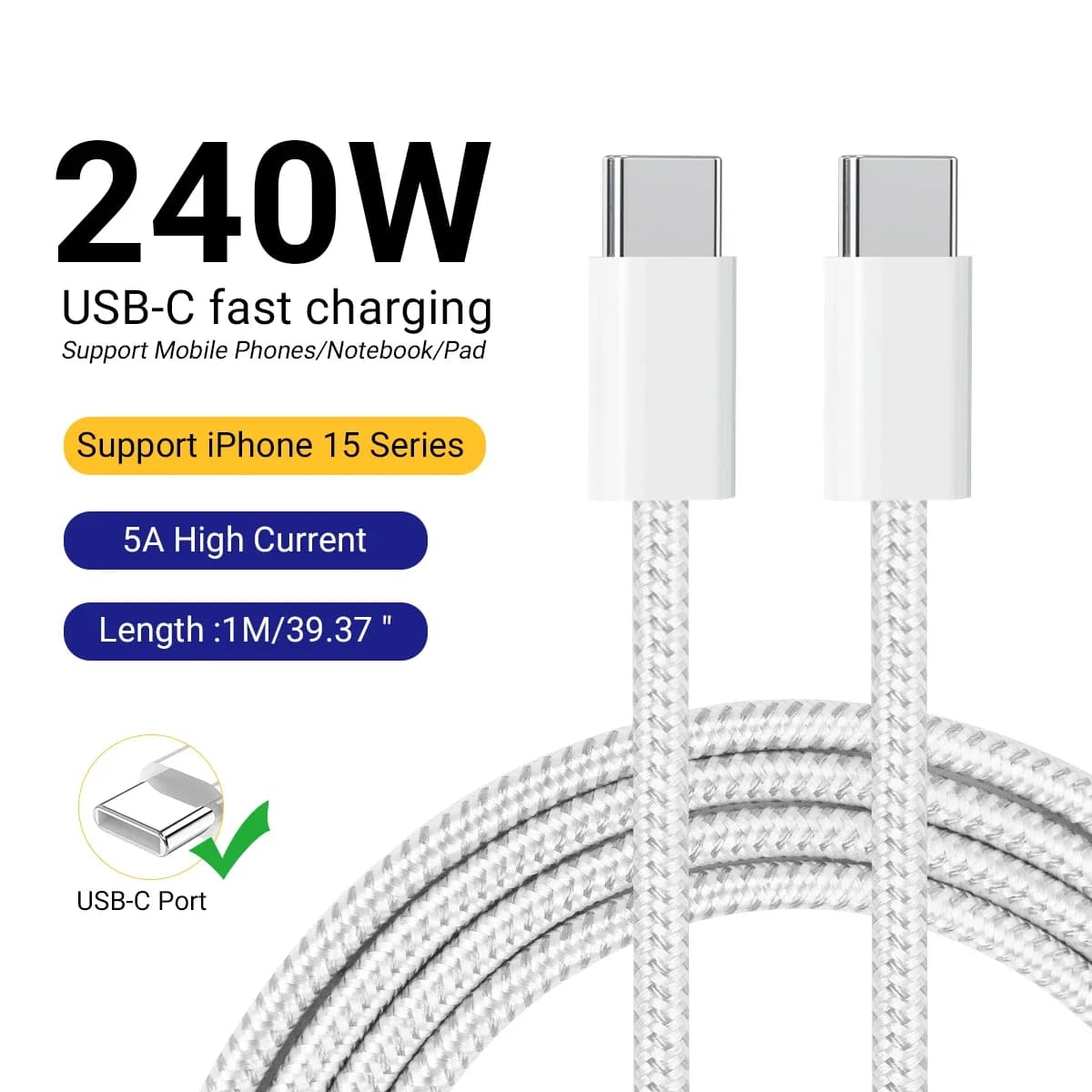Cavo da USB C a USB C da 240 W, cavo di ricarica rapida da USB C a tipo C per MacBook Pro, iPhone15/15Pro/15Plus/15ProMax, iPad Pro 2020
