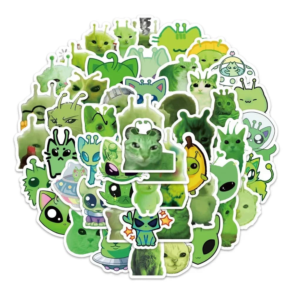 200 pezzi divertenti adesivi meme gatto alieno decalcomanie alieno verde per telefono laptop valigia notebook skateboard adesivi gatto alieno