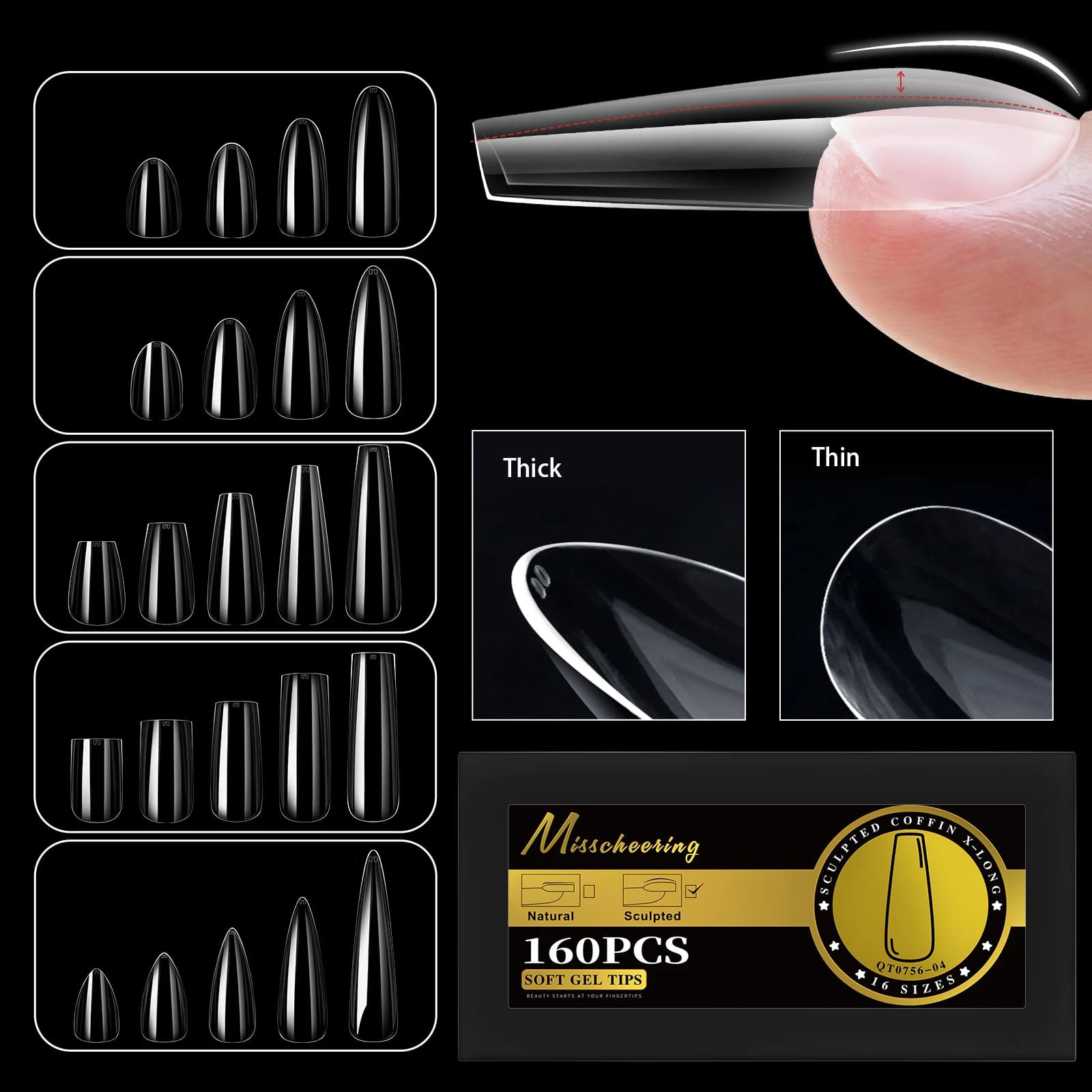 S-2XL Punte per unghie finte lucide Sculptate Gel morbido Mandorla Bara Stiletto Copertura completa Stampa sulle unghie Estensione artificiale fai da te Supplie