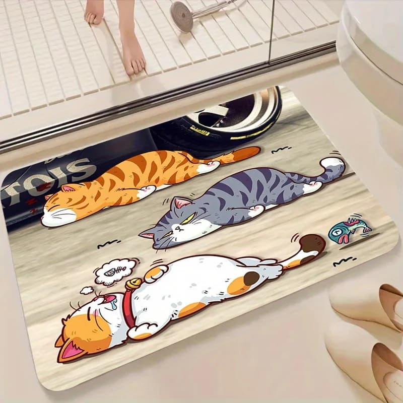 Cute Cartoon Cats Flannel Bath Mat Non-slip Absorbent Bathroom Rug Soft Floor Carpet for Shower Room Home Decor
