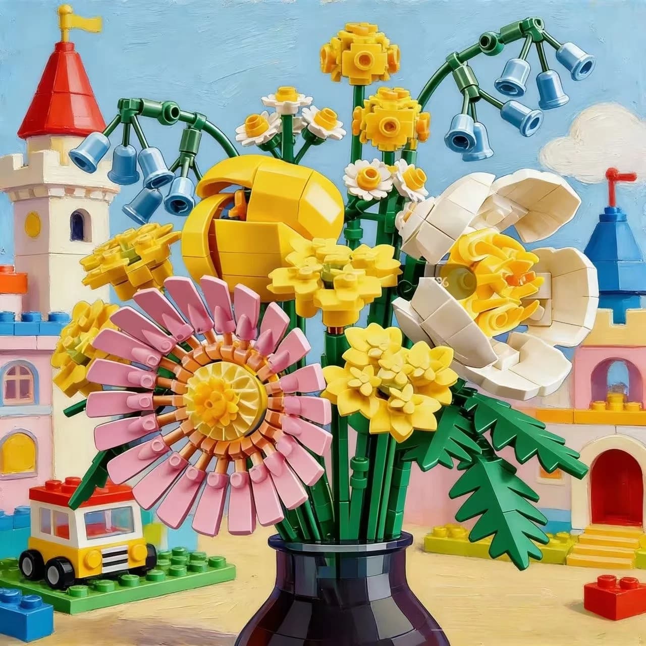 Nuovo creativo set di costruzioni a forma di bouquet di fiori, mattoncini da assemblare, collezione di piante, giocattolo regalo per bambini e bambine.