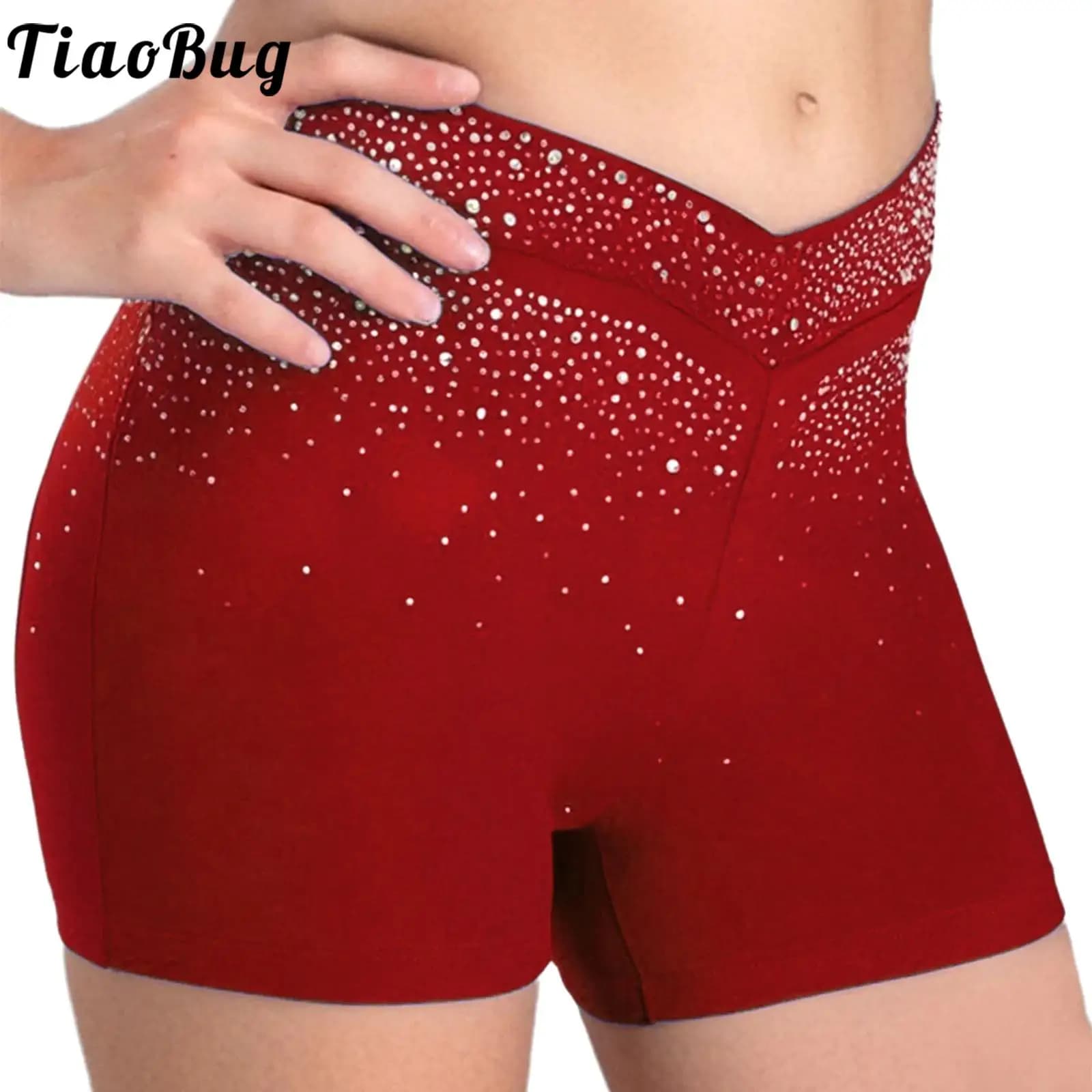 Pantaloncini da ginnastica per danza classica con strass scintillanti per ragazze Cintura elastica sul davanti a V Leggings per performance di acrobazie di pattinaggio di figura
