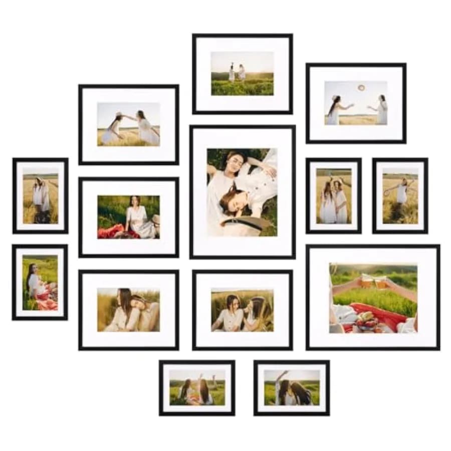 Set di 14 Cornici per Foto, 2 Cornici 11x14 con Passepartout per 8x10, 6 Cornici 8x10 con Passepartout per 5x7, 6 Cornici 5x7 con Passepartout per 4x6, Cornice Collage Stile Galleria