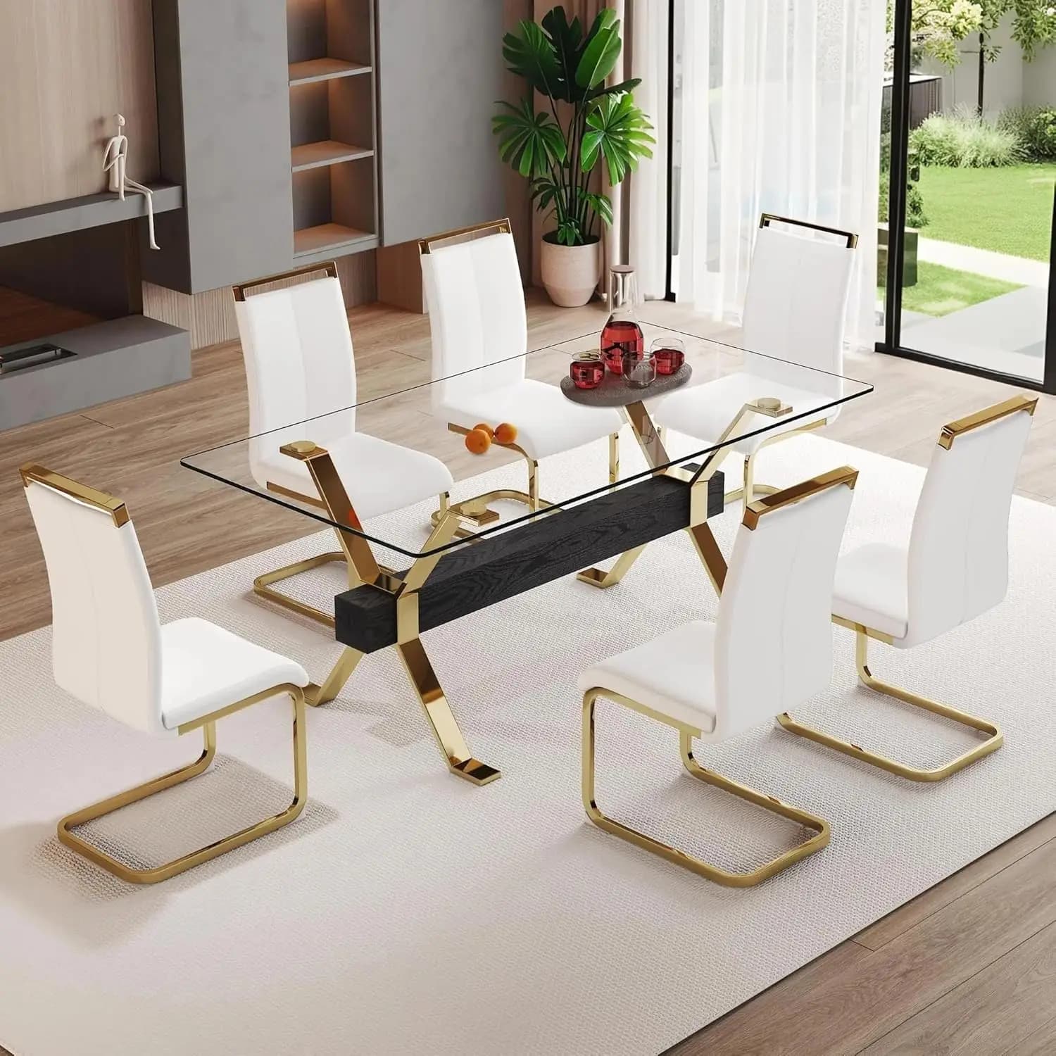 Set tavolo da pranzo in vetro da 71 pollici per 6 persone, set tavolo da pranzo moderno da 7 pezzi, piano rettangolare in vetro temperato e gambe in metallo, personalizzabile