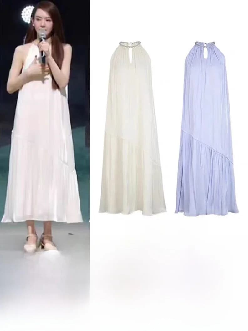 Elegante Abito Bianco Senza Maniche con Collo all'Americana, Gonna Estiva da Donna Stile Fata, Vestito Lungo a Vita Alta Linea A in Misto Cotone