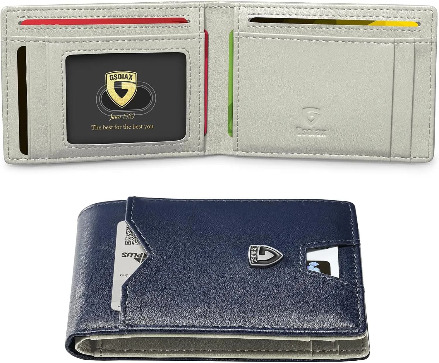Portafoglio Sottile in Vera Pelle con Blocco RFID, Porta Carte di Credito Bifold in Fibra di Carbonio Blu Scuro e Beige