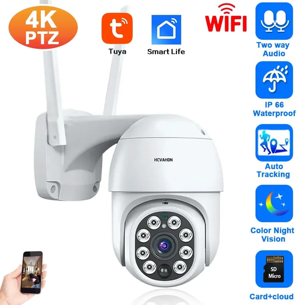 Smart Life 4K Mini Wireless PTZ IP Camera Esterna Impermeabile Visione Notturna a Colori Wifi PTZ Telecamera di Sorveglianza di Sicurezza 8MP Tuya