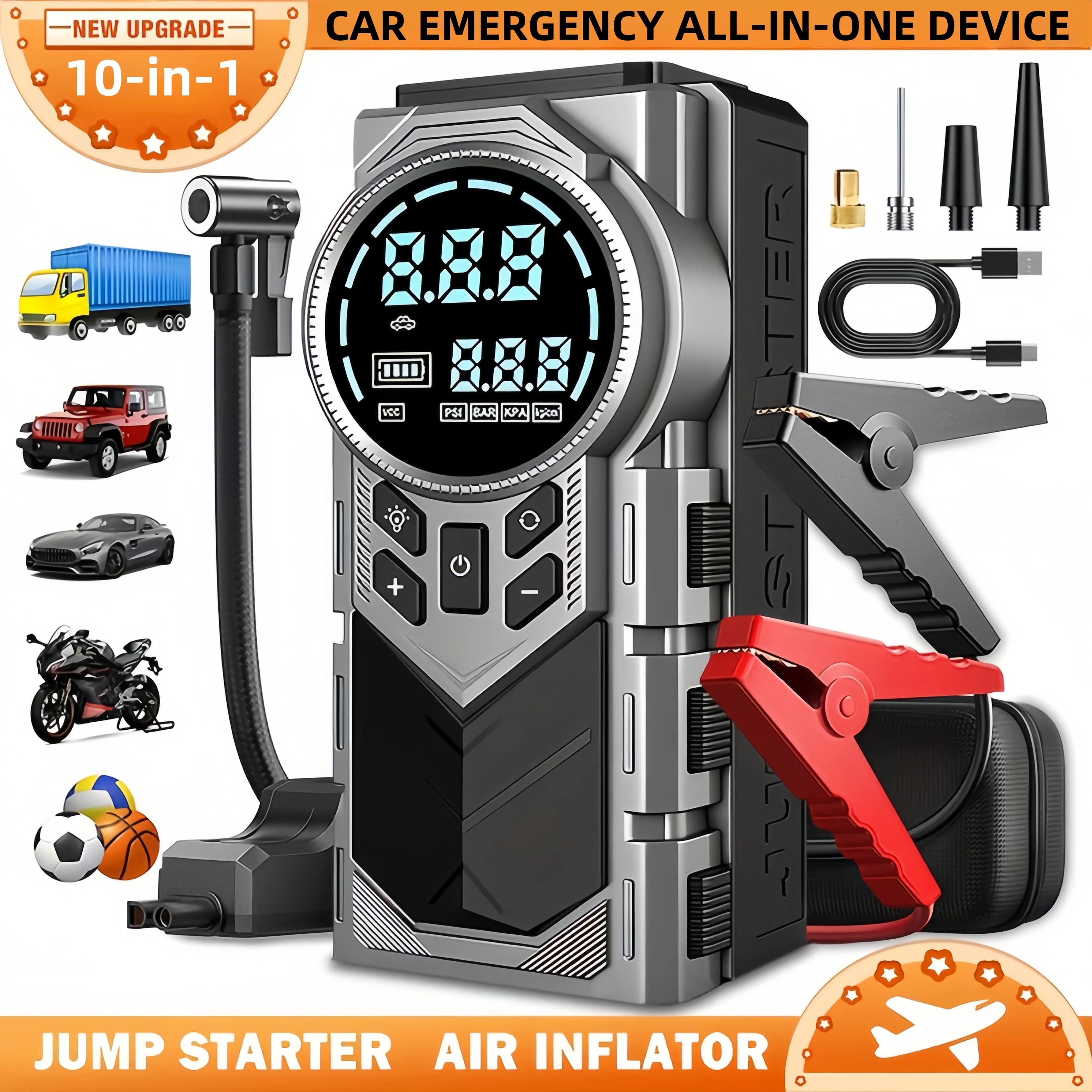 Caricabatterie per Auto Potenziato 8000A, Compressore d'Aria Digitale 180Psi, Avviatore d'Emergenza 10-in-1, Cavi di Avviamento 12V e Fili di Collegamento