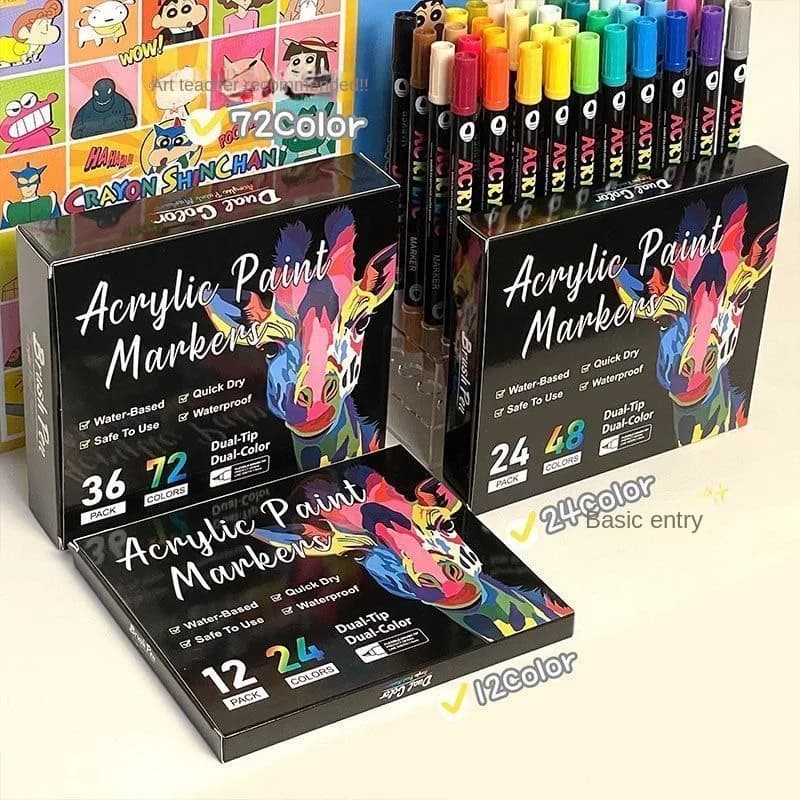 48 color acrylic paint pens for professional artistic use, fine double tip pens and brush tip, suitable for stone, wood, calligraphy