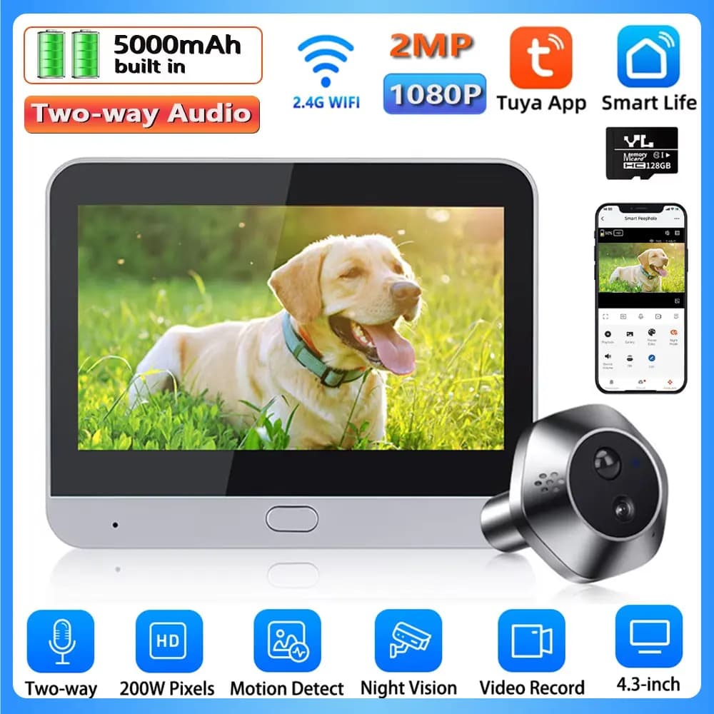 WiFi Tuya Spioncino Telecamera Smart Aggiornamenti Audio bidirezionale Campanello Telecamera 1080P PIR Visione notturna Rilevazione movimento Spioncino digitale