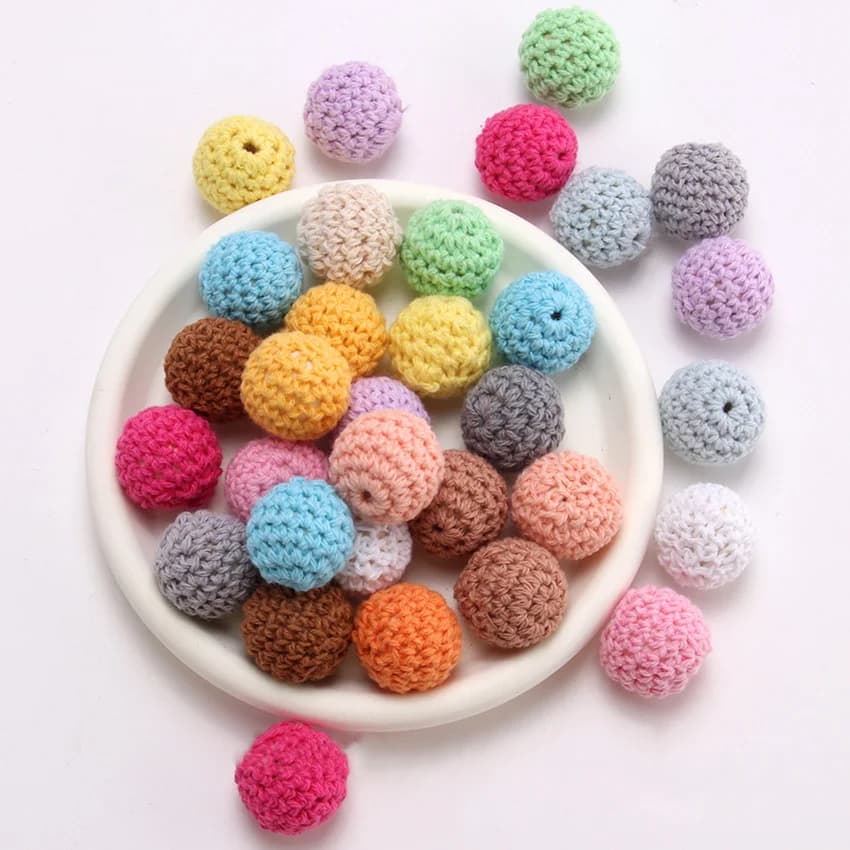 NANA 10 pezzi fatti a mano rotondi in cotone intrecciato all'uncinetto perline di legno giocattoli per la dentizione legno artigianato per bambini accessori decorativi fai da te 16mm 20mm
