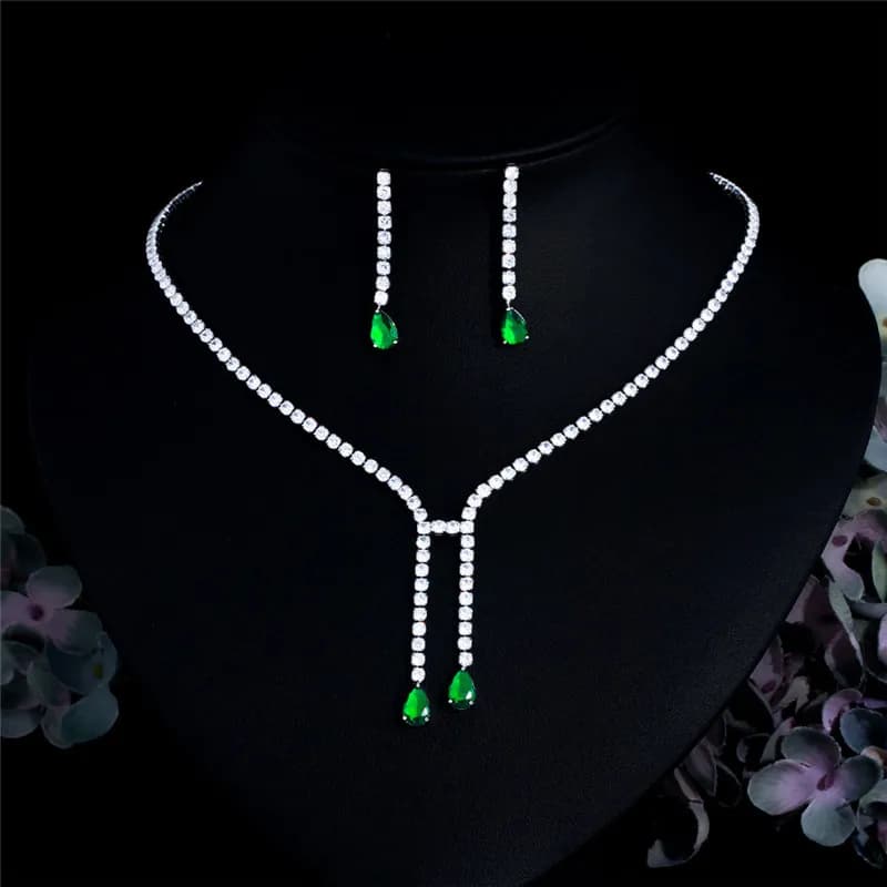 CC Collana da sposa Orecchini a bottone Set Eventi di nozze Accessori donna Zirconia Fidanzamento Nappa Set di gioielli per feste T0305
