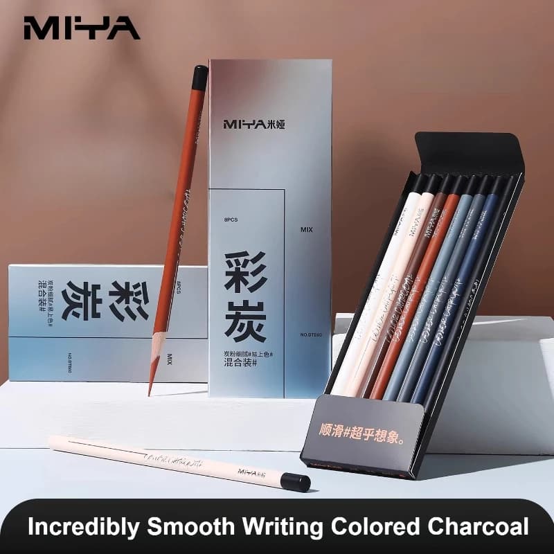8/16/24PCS MIYA Colored Charcoal Pencils for Art Students, Sketching Charcoal with White Highlighter, Soft Core Drawing Tools
