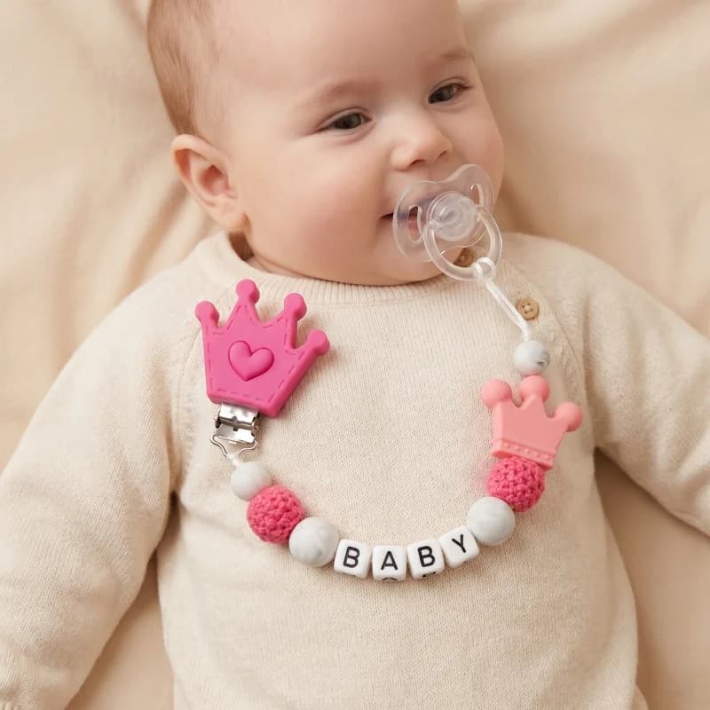 Catenella Portaciuccio Personalizzata con Nome, Clip in Silicone Senza BPA, Massaggiagengive a Corona, Regalo per Neonato