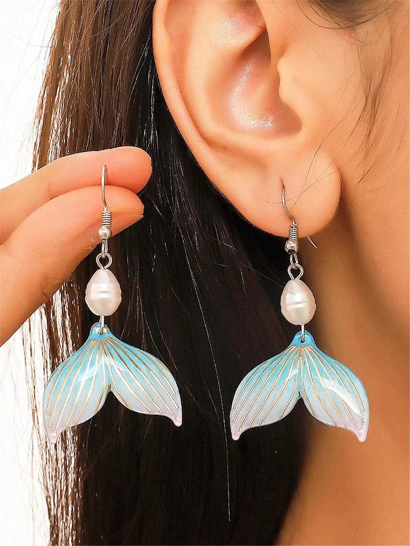 1 Pair Elegant Pearl-Adorned Blue Mermaid Tail Dangle Earrings For Women, Beach & Casual Wear