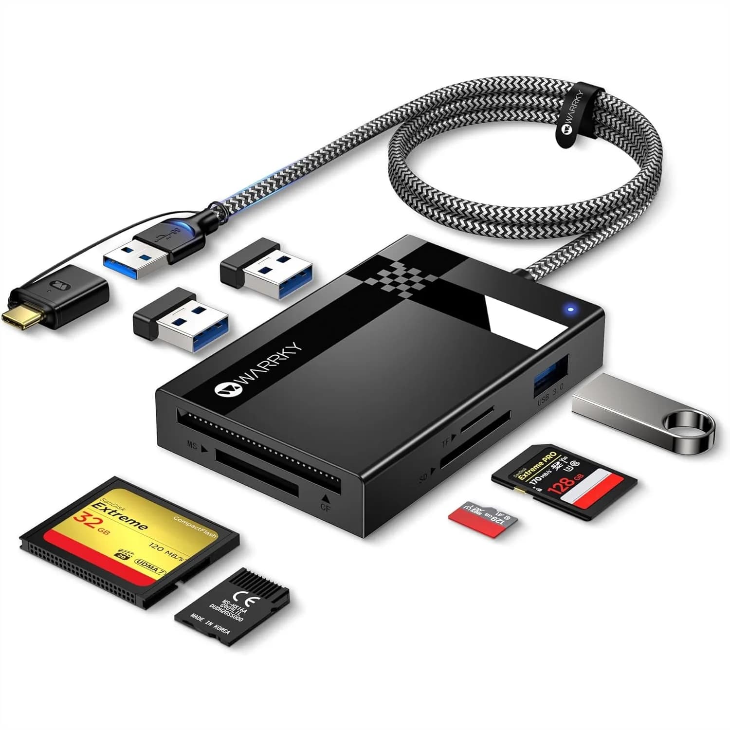 Lettore di Schede SD 7 in 1, Doppio Connettore USB 3.0/USB C, Hub Adattatore per Schede di Memoria Micro SD/CF/UHS-I, Compatibile con
