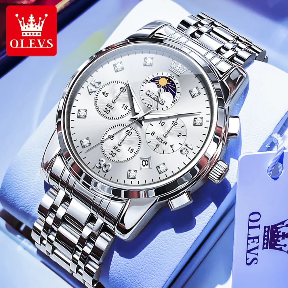 OLEVS 3652 Chronograph Business Quartz Wristwatch for Men Moon Phase Calendar Luminous Original Man Dress Watches
