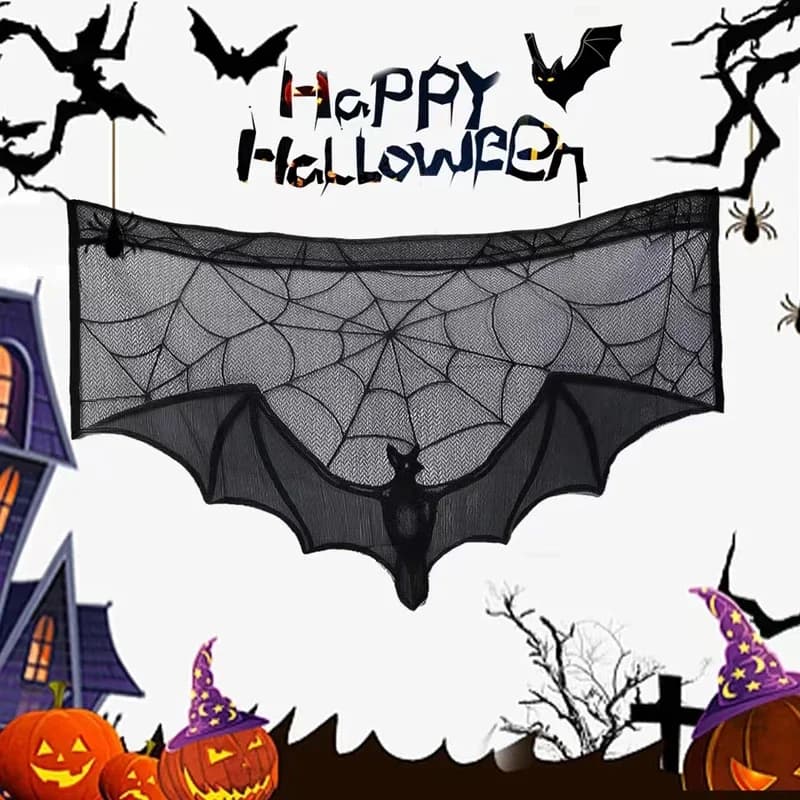 1pc Halloween Lace Curtains Black Bat Spider Tablecloth Fireplace Stand Scarf Halloween Family Room Spider Web Horror Decoration