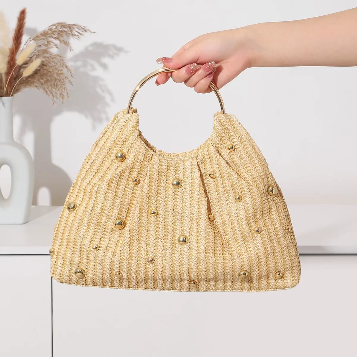 New popular fashion beaded straw bag, holiday seaside beach woven pleated ring handbag