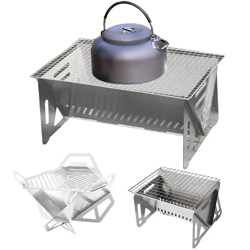 Griglia BBQ Triangolare Antivento Pieghevole Smontabile in Acciaio Inox, Fornello Portatile per Campeggio e Picnic all'Aperto