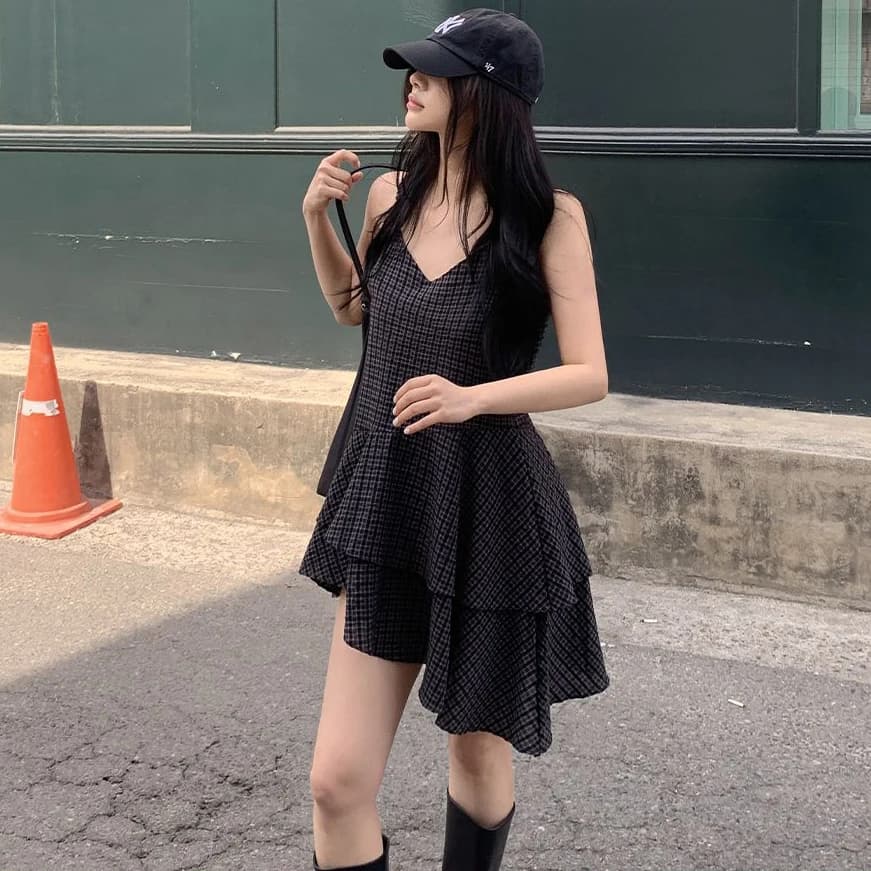 Retro Plaid V-neck Asymmetrical Hem Blouse Dress Women Slim A-line Skirt Korean Style Cotton Polyester Spring City Commute