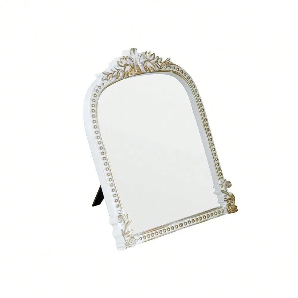 Specchio da trucco ad arco in plastica bianca anticata, da appoggio, da appendere o da montare a parete, per bagno, soggiorno, camera da letto, decorazione bianca e oro