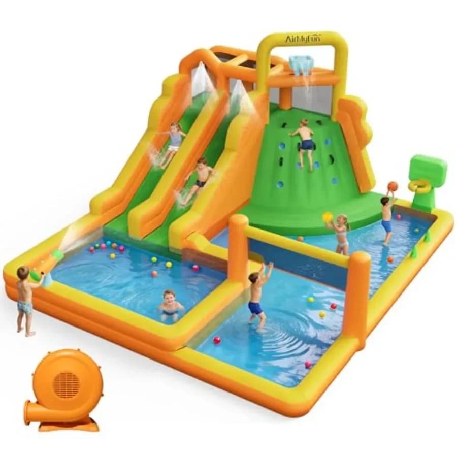 Scivolo d'Acqua Gonfiabile per Giardino, Parco Acquatico 10 in 1 con Doppio Scivolo Lungo, Parete da Arrampicata, Canestro da Basket, Cannone ad Acqua