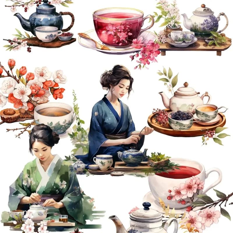 Cute Watercolor Tea Ceremony, Tea Art Stickers Self-made Fashion Girl Scrapbooking /Decorative /DIY Craft Photo Album journal