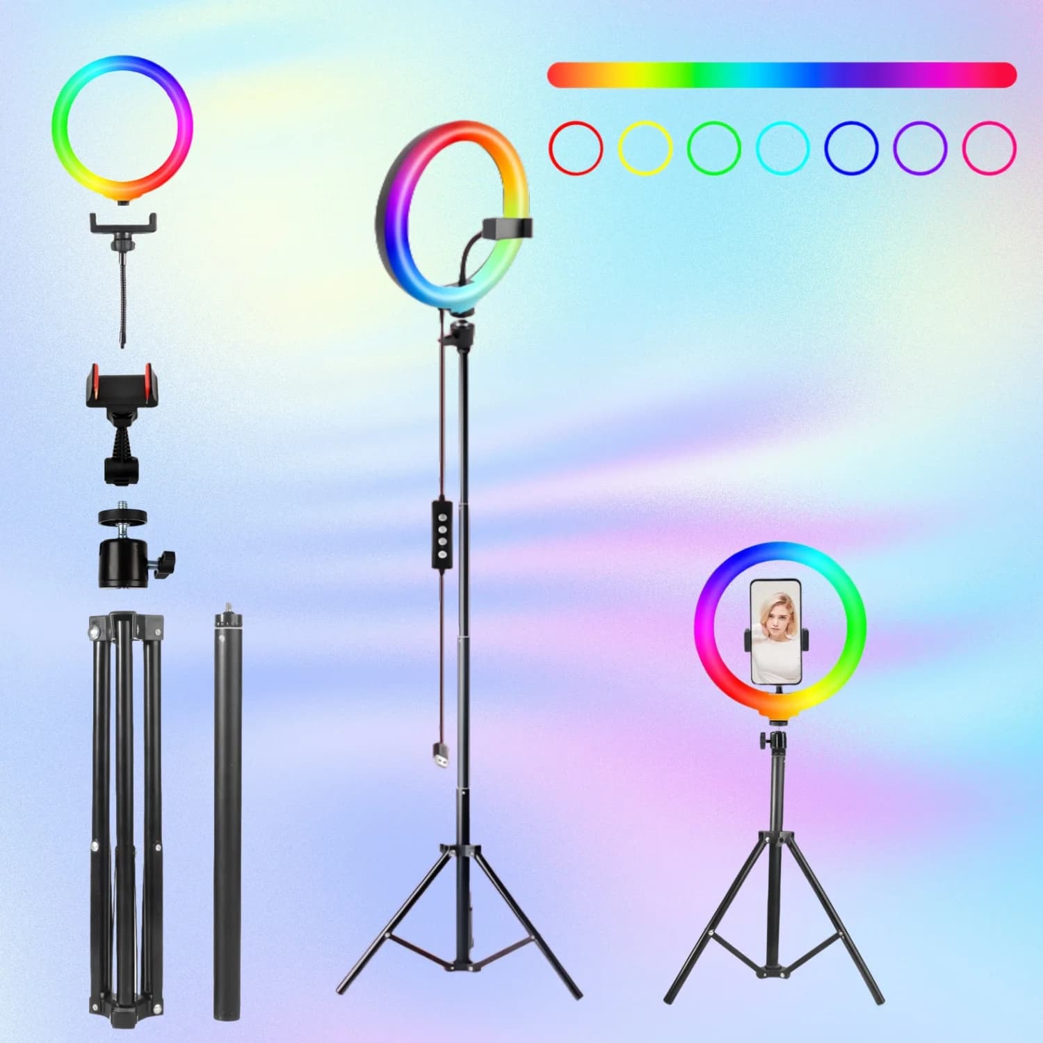 Treppiede espandibile da 63 pollici con luce ad anello RGB regolabile da 10 pollici, selfie stick da 160 cm e supporto doppio per telefono - perfetto per lo streaming