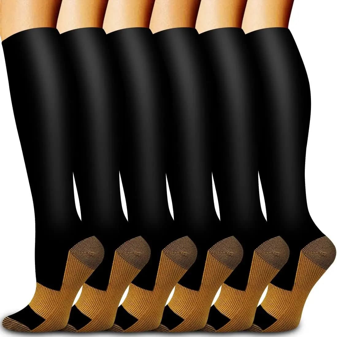 6 paia di calzini a compressione in rame tinta unita Calzini a compressione per infermiera Colore pelle nera