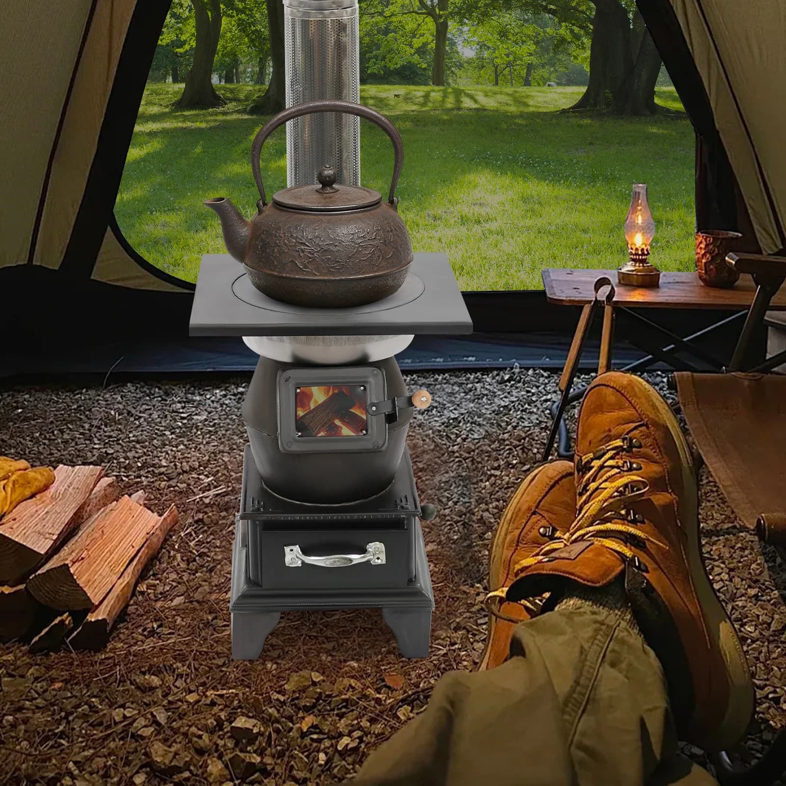 Wood stove with Fumaria Canna, Portable stove with adjustable ventilation for indoor and outdoor camping, Curtains and Refugees