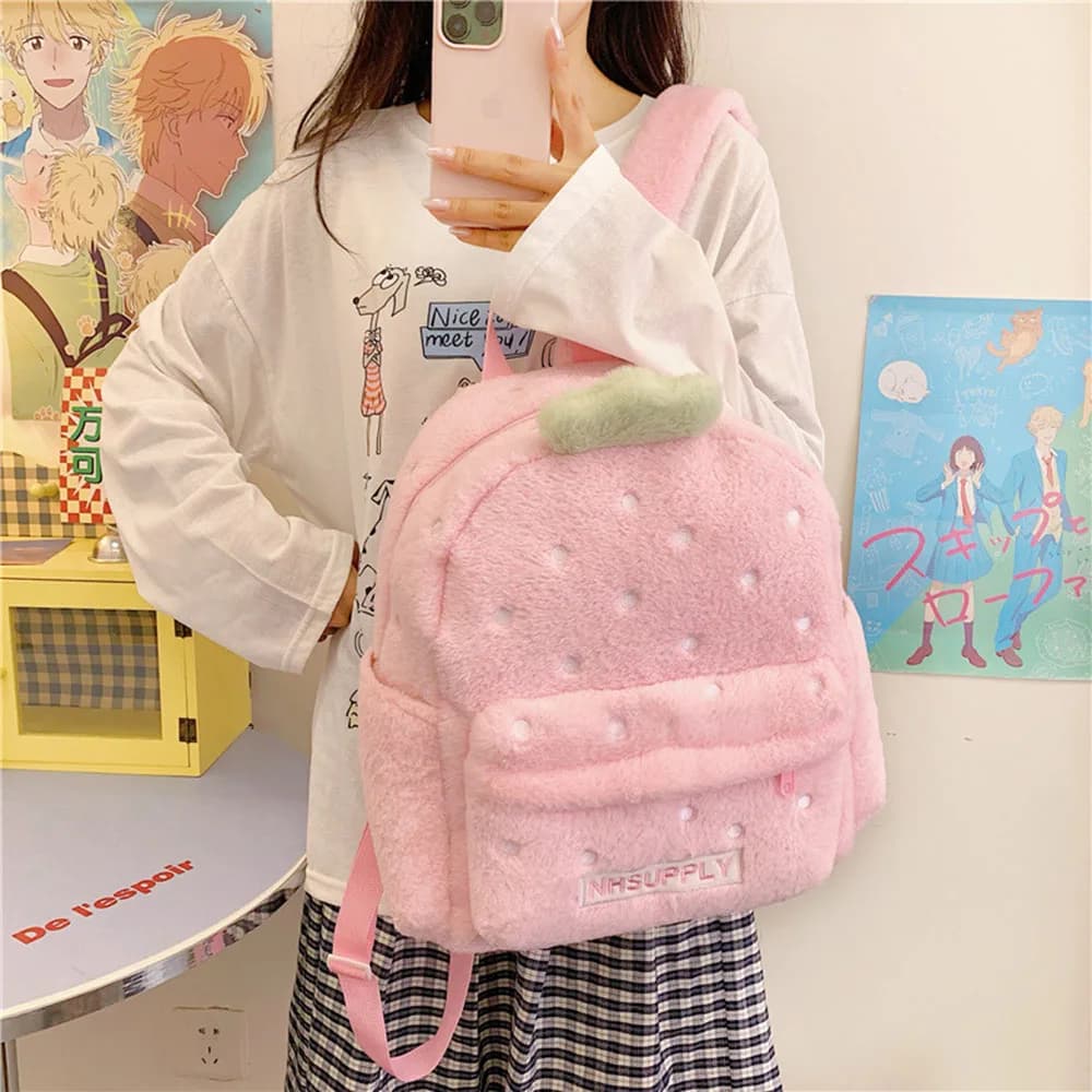Kawaii Style Backpack Pink Strawberry Plush Backpack Soft Fluffy Large Capacity School Book Bag Daily Travel Rucksack For Girls