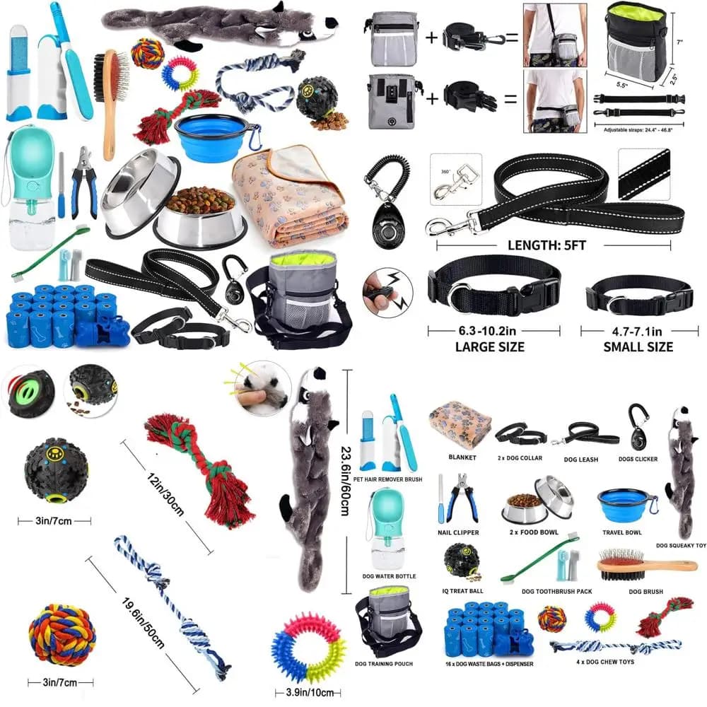Kit completo di elementi essenziali per cuccioli - Set da 39 pezzi con guinzaglio, giocattoli, ciotole, spazzole, bottiglia d'acqua per cani appena nati